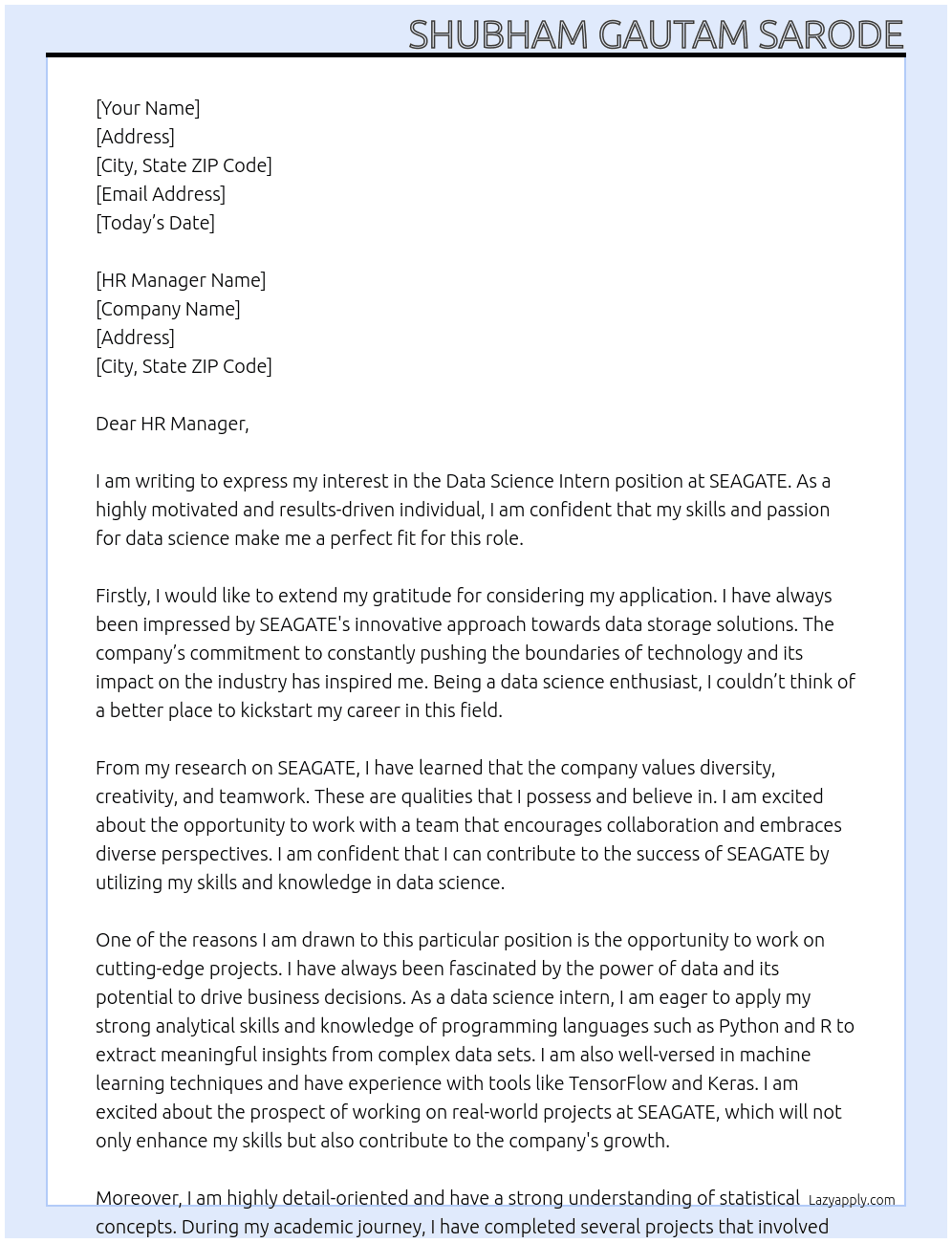 Data Science Intern At SEAGATE Cover Letter