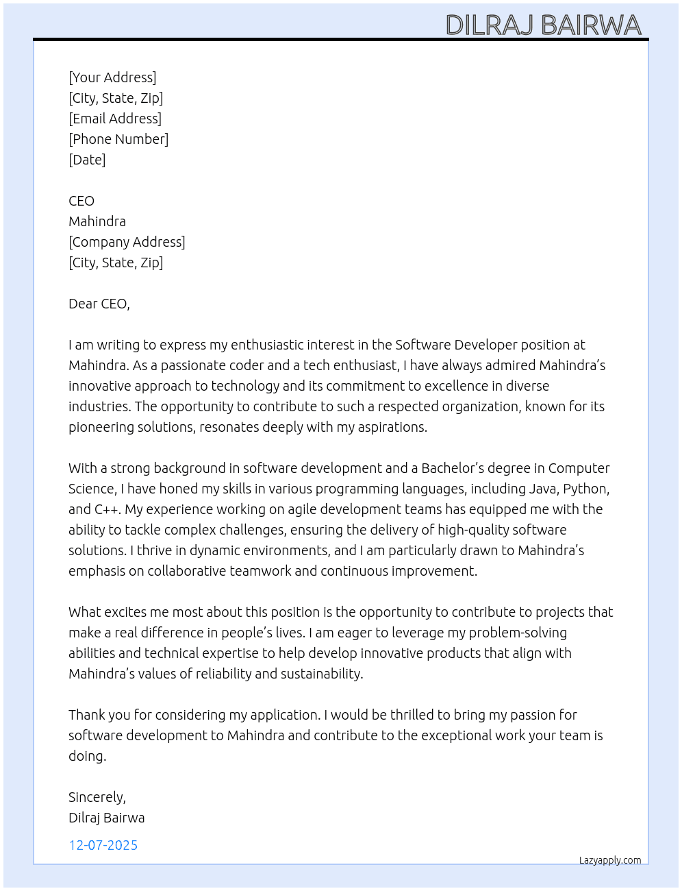 Software developer At Mahindra Cover Letter
