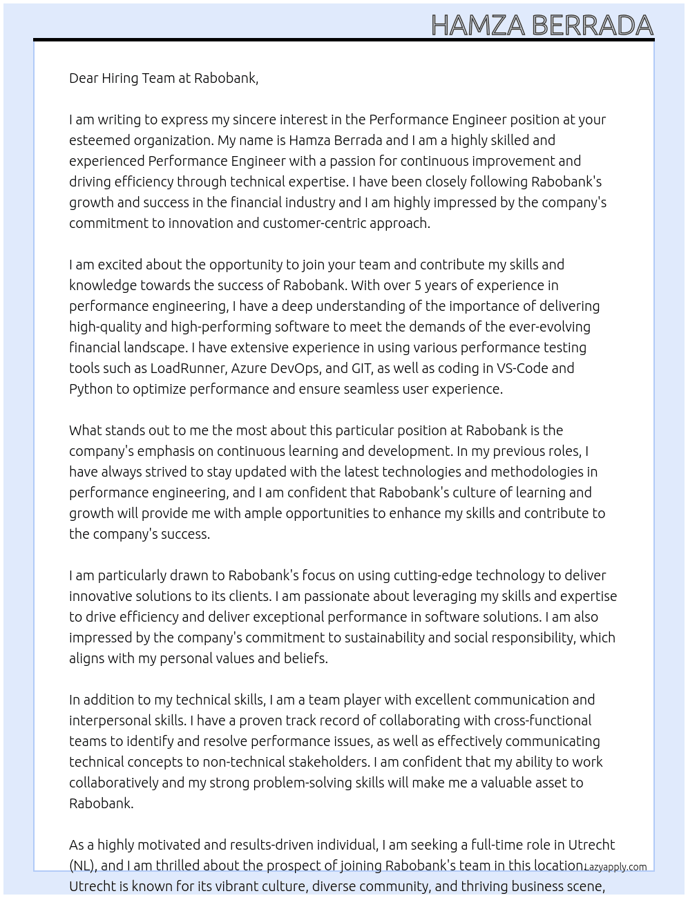 Performance Engineer At Rabobank Cover Letter