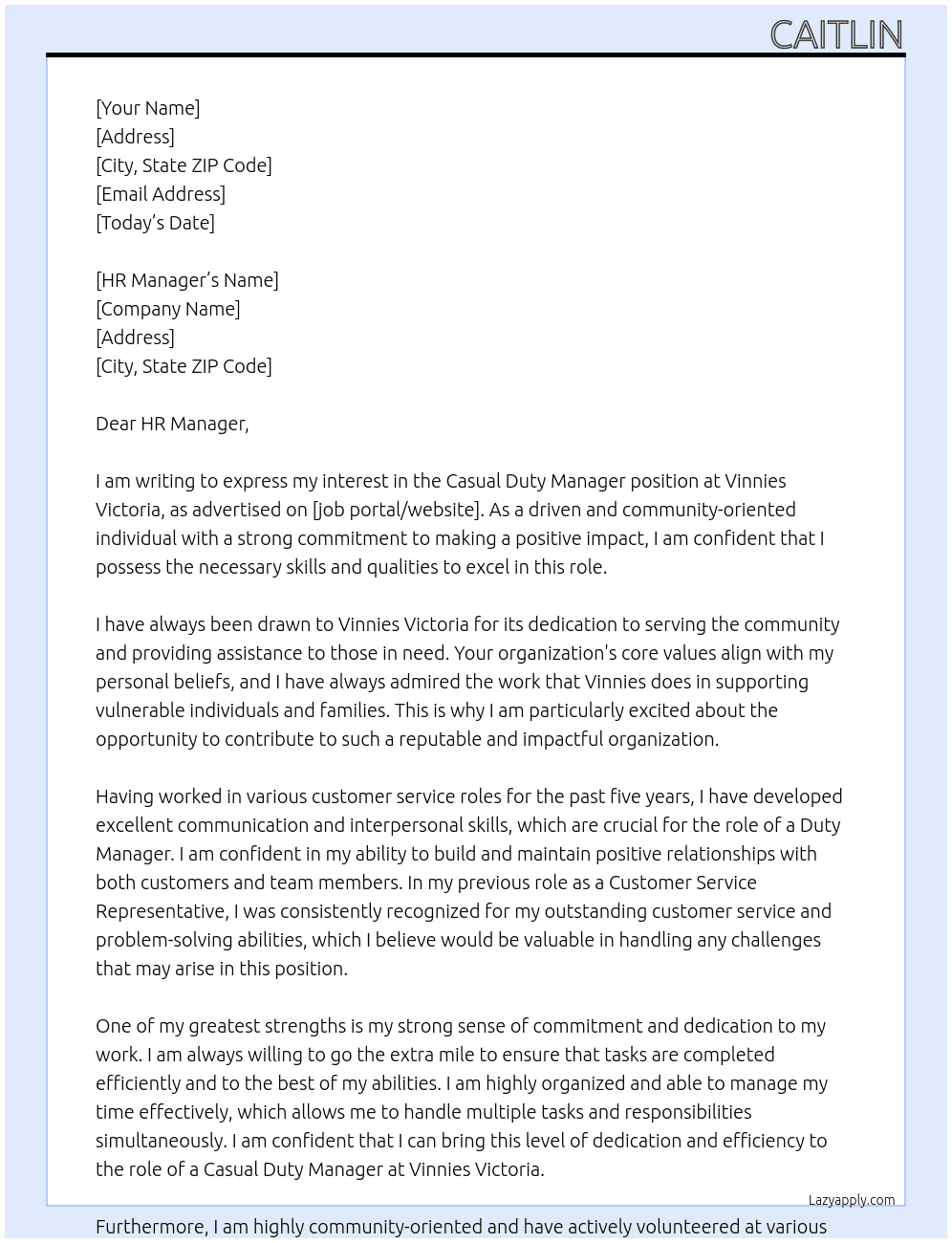 Casual Duty Manager At Vinnies Victoria Cover Letter
