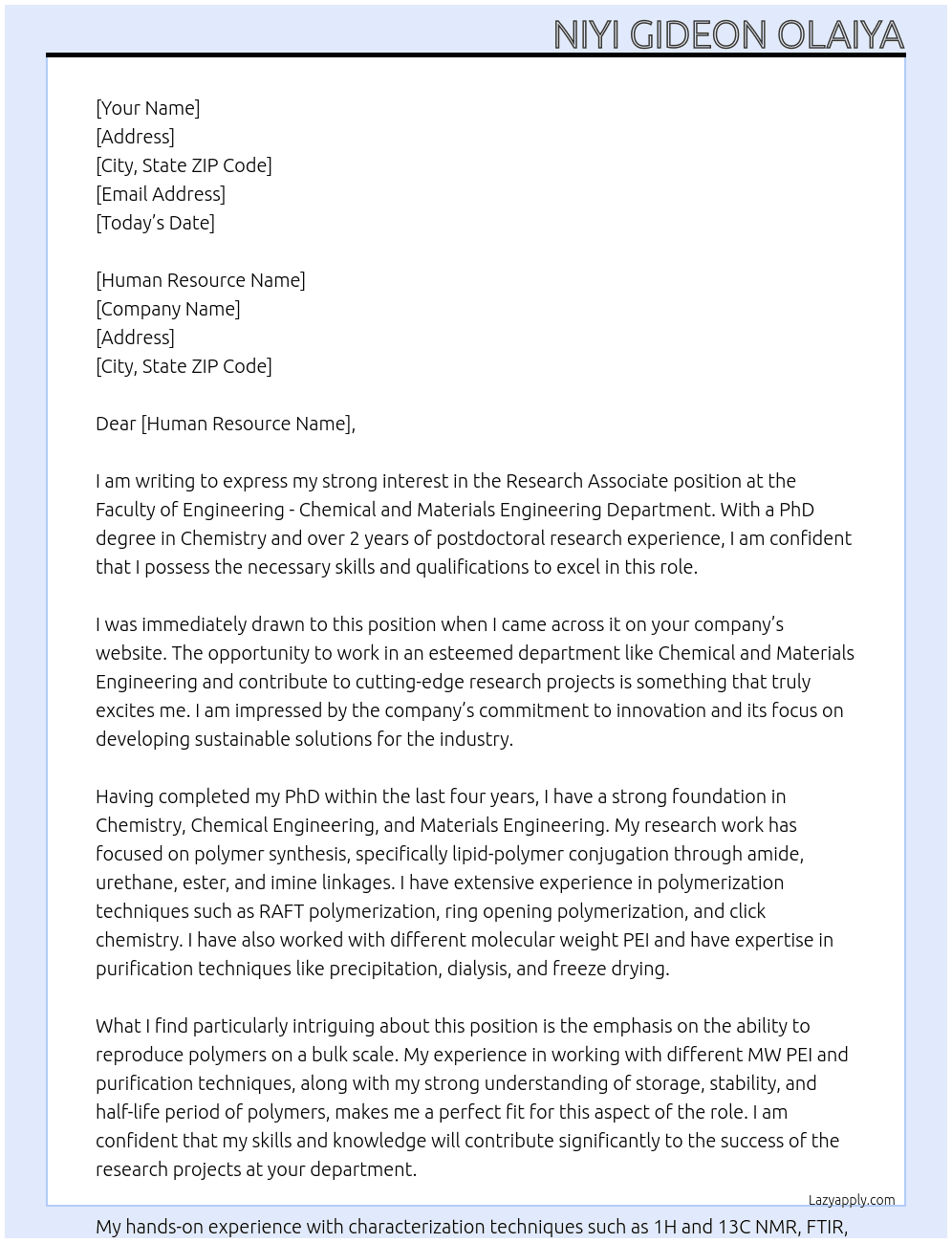 Research Associate At Faculty of Engineering - Chemical and Materials Engineering Dept Cover Letter