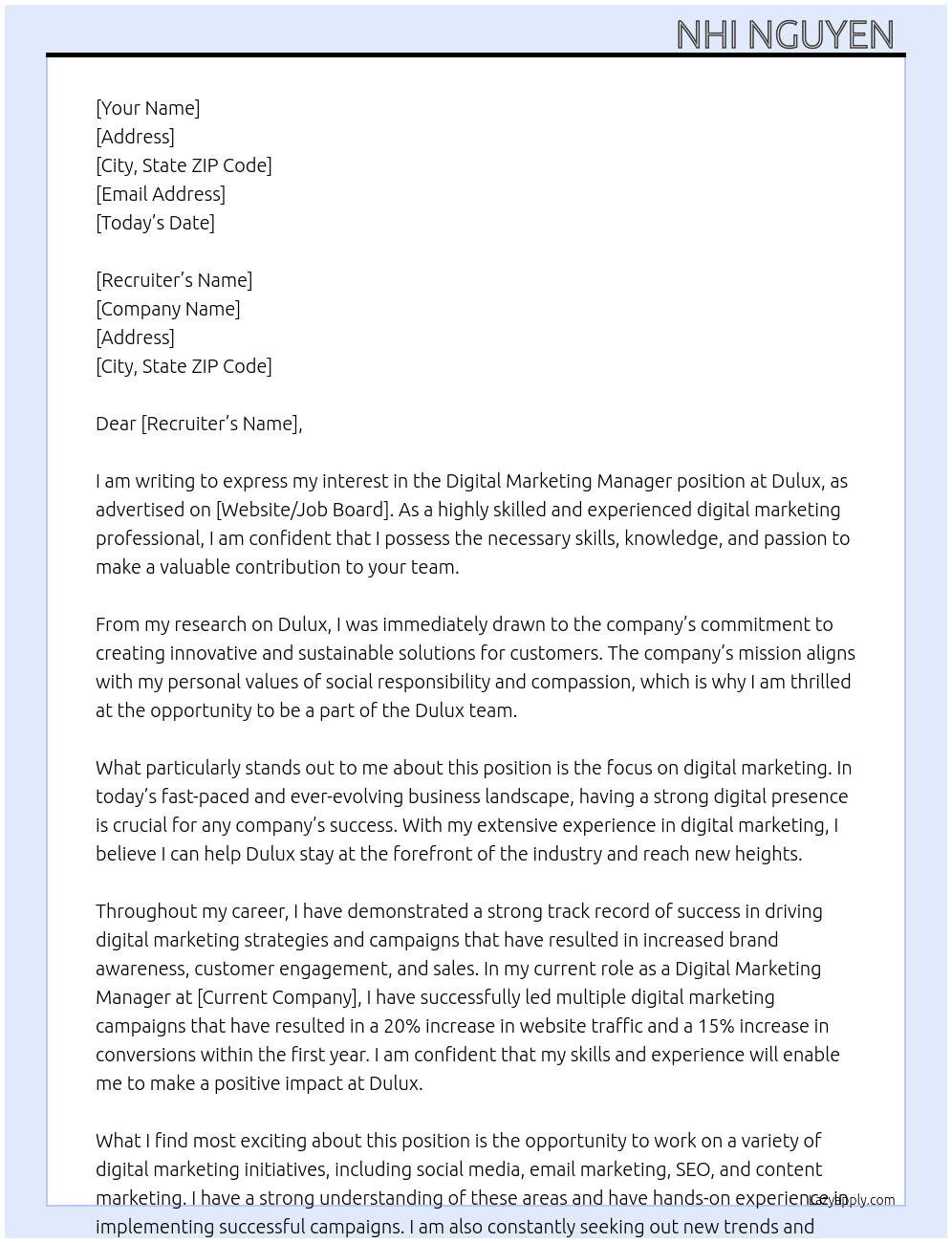 Digital marketing manager  At Dulux Cover Letter