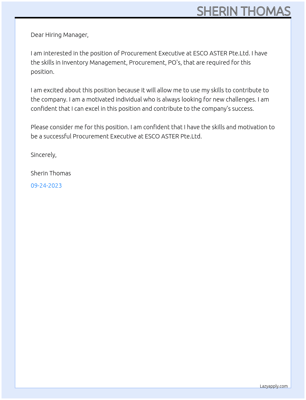 Procurement Executive  At ESCO ASTER Pte.Ltd Cover Letter