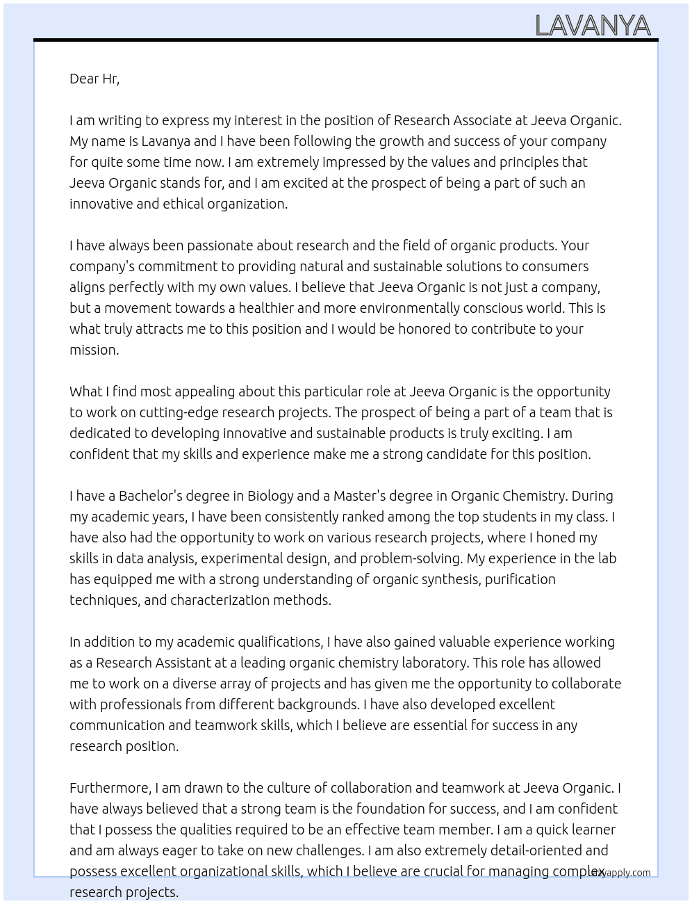 Research Associate  At Jeeva organic  Cover Letter