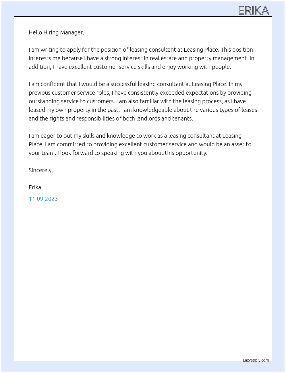 leasing consultant  At leasing place  Cover Letter