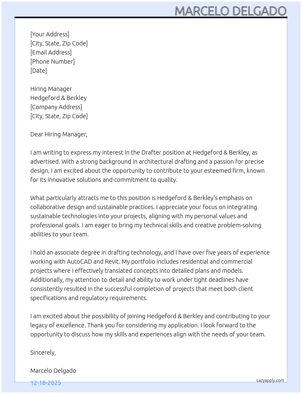 Cover letter for drafter - LazyApply