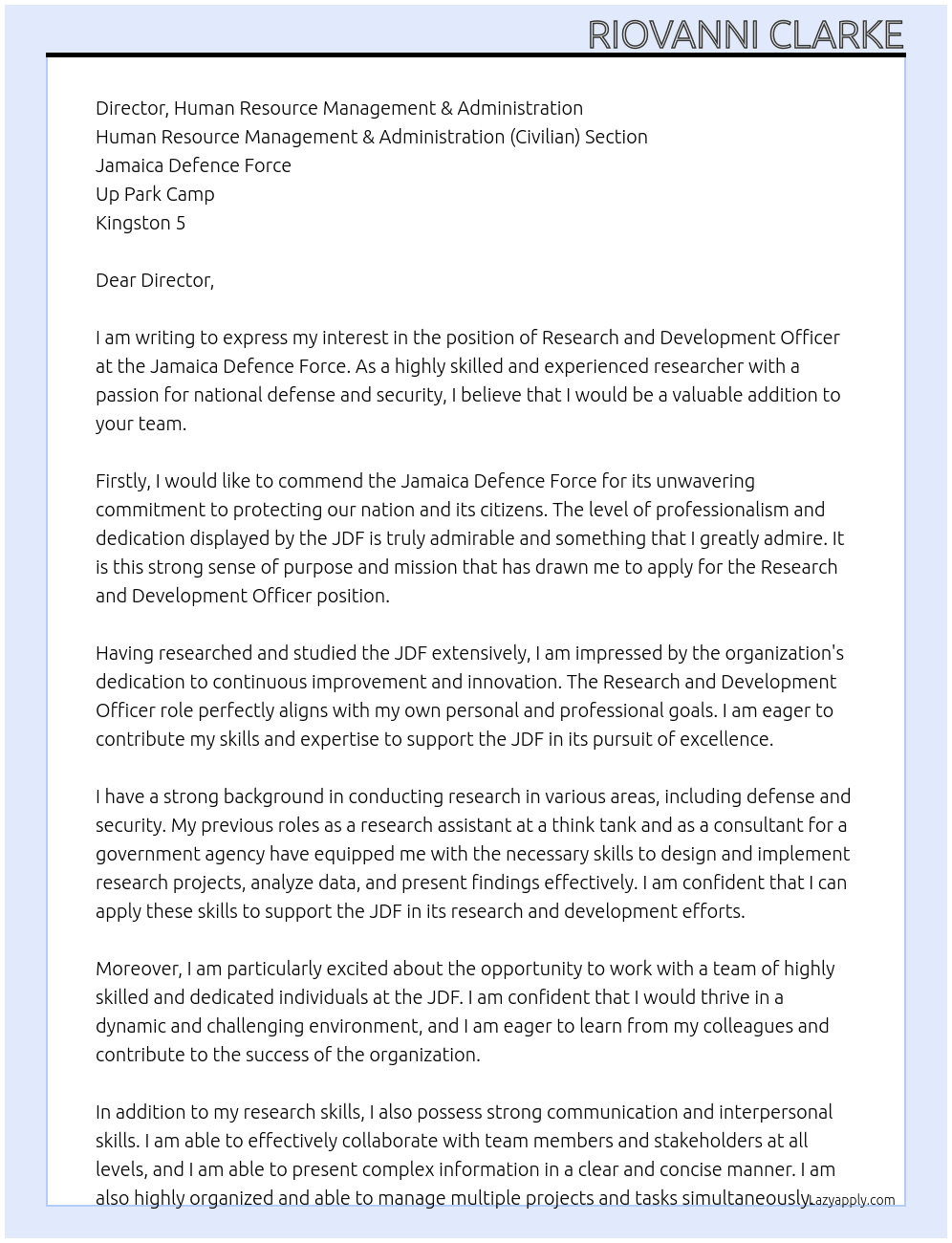 Research and Development Officer At Jamaica Defence Force Cover Letter