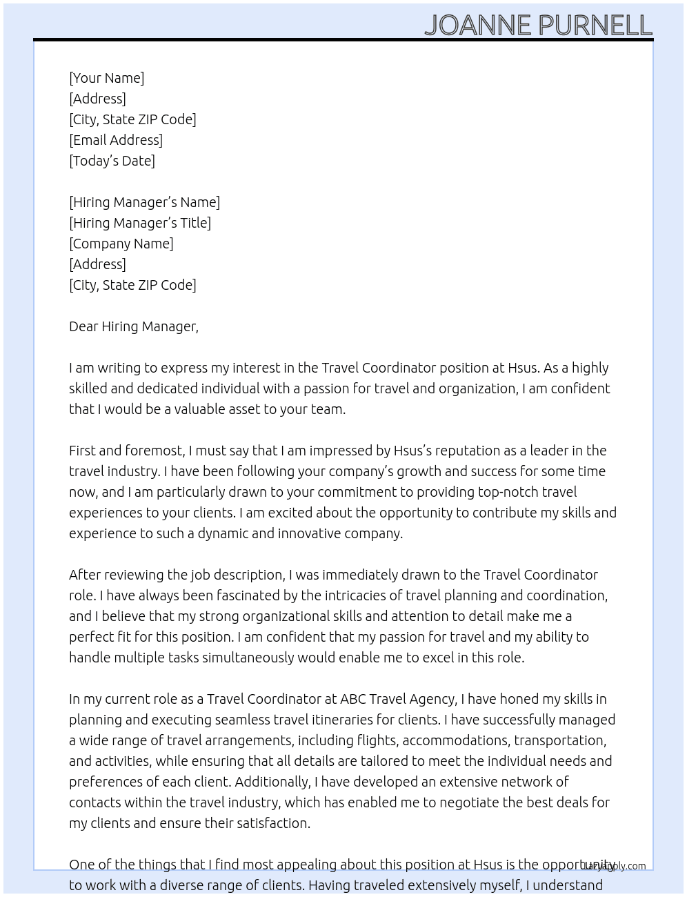 Travel coordinator  At Hsus Cover Letter