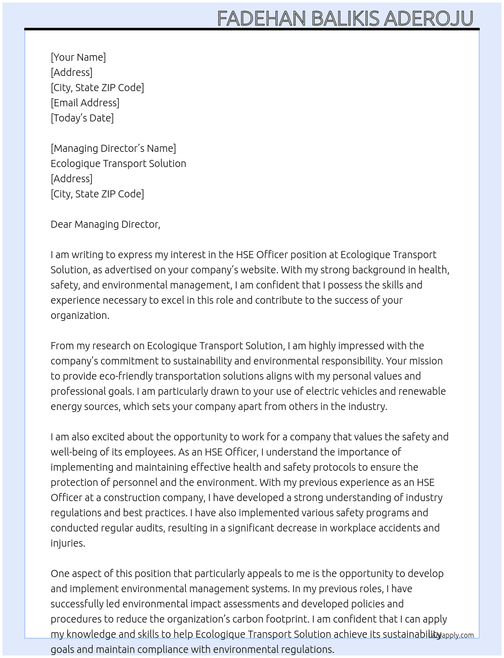 HSE officer At Ecologique Transport solution  Cover Letter