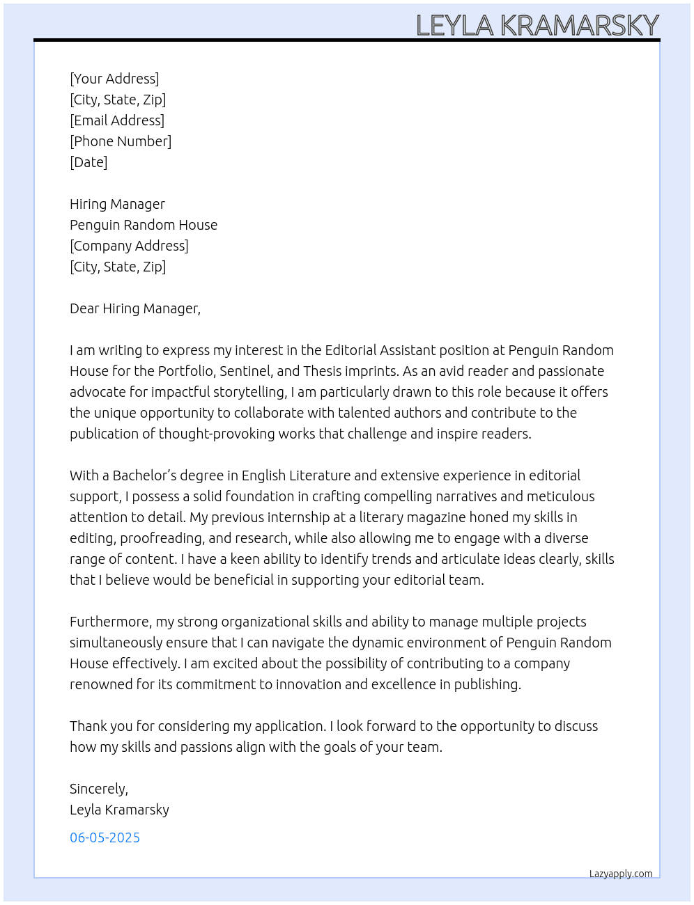 Editorial Assistant position at the Portfolio, Sentinel, and Thesis At Penguin Random House Cover Letter