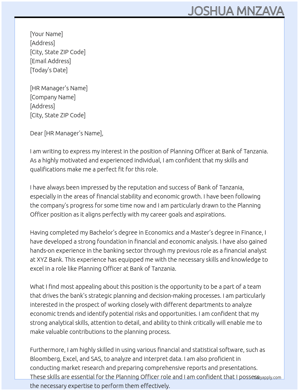PLANNING OFFICER At bank of tanzania Cover Letter