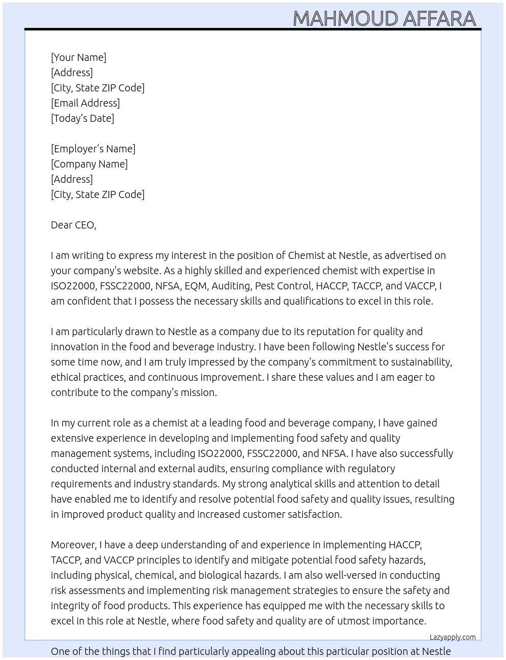 chemist At Nestle Cover Letter
