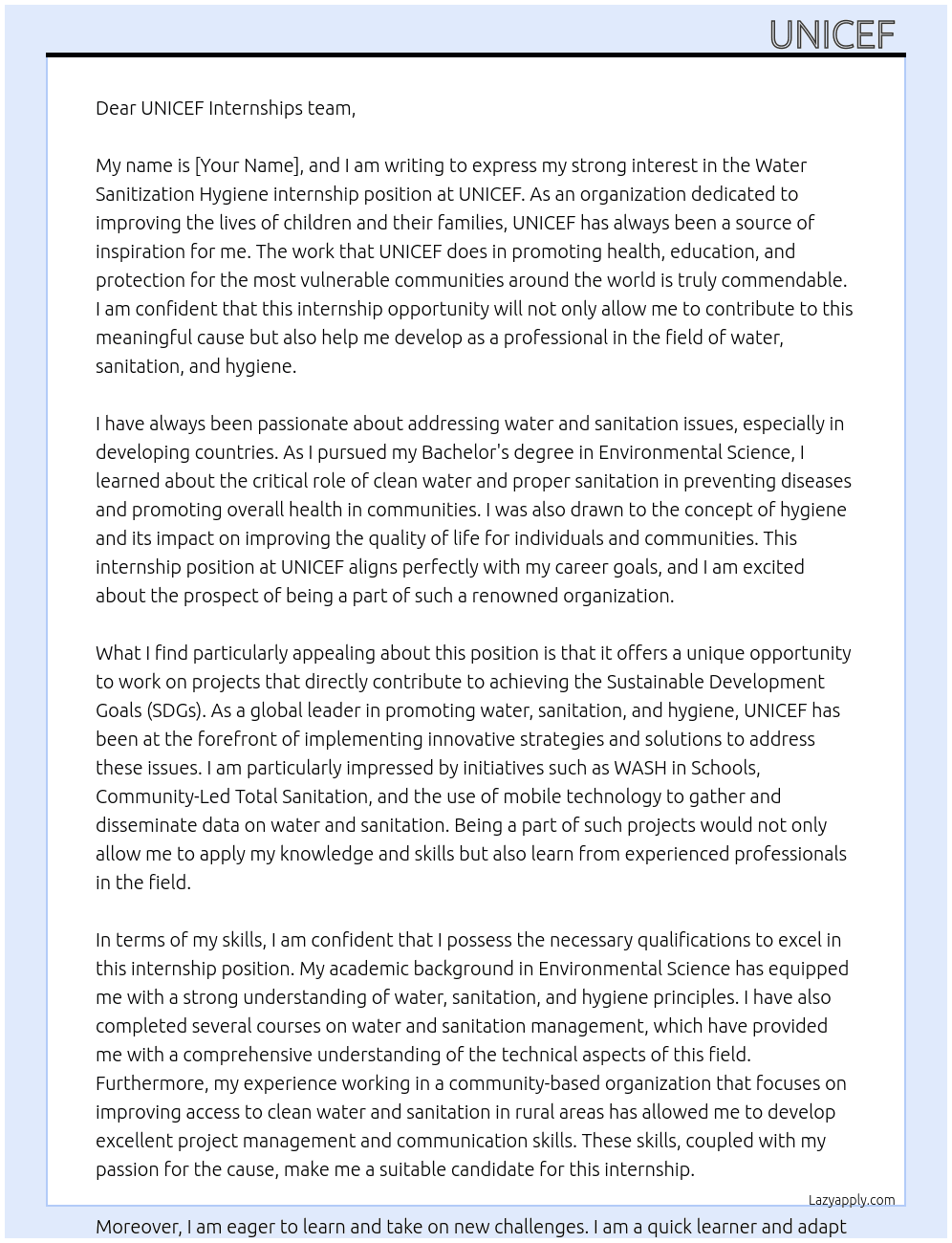 Water sanitization hygiene At UNICEF internships Cover Letter
