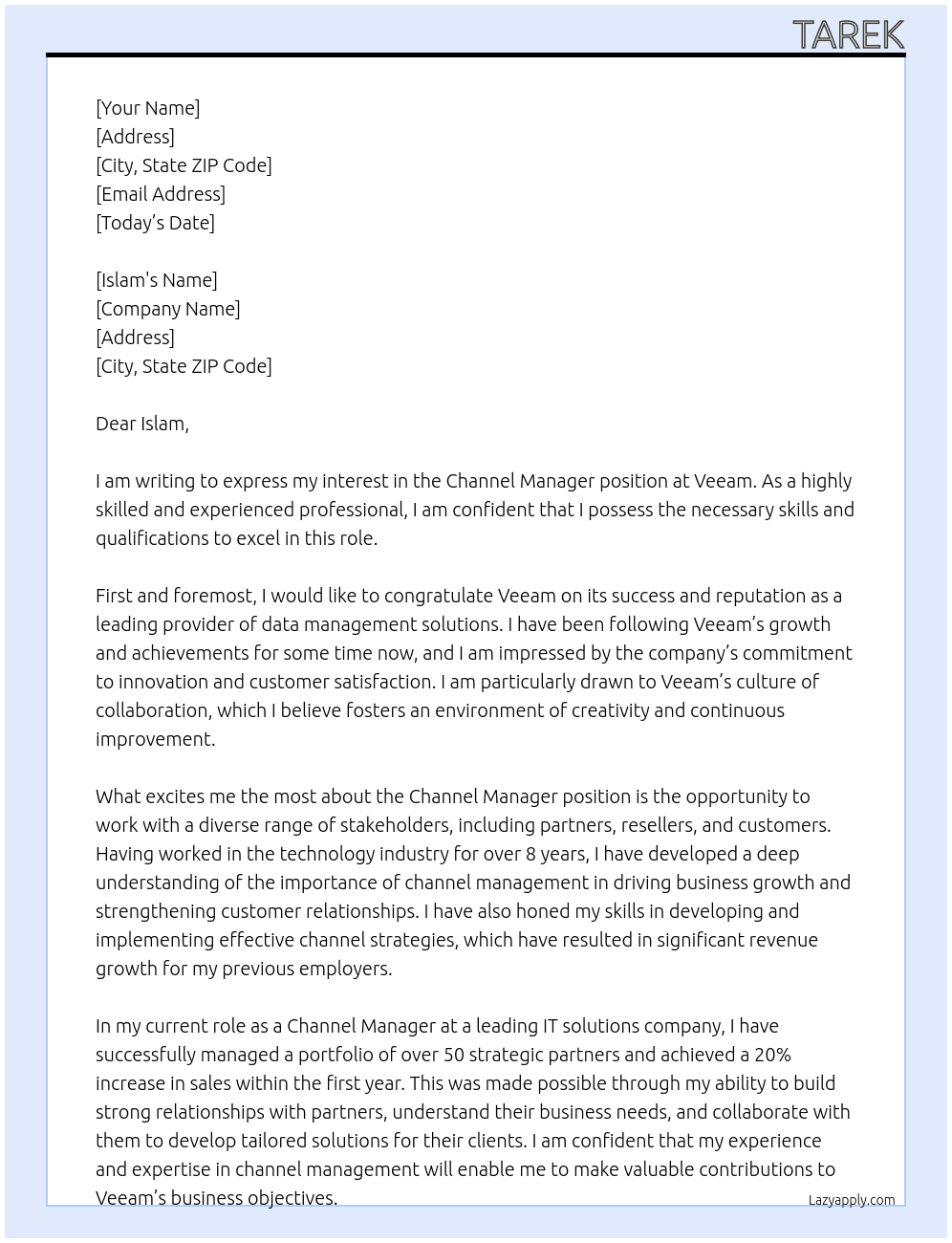 Channel Manager At Veeam Cover Letter