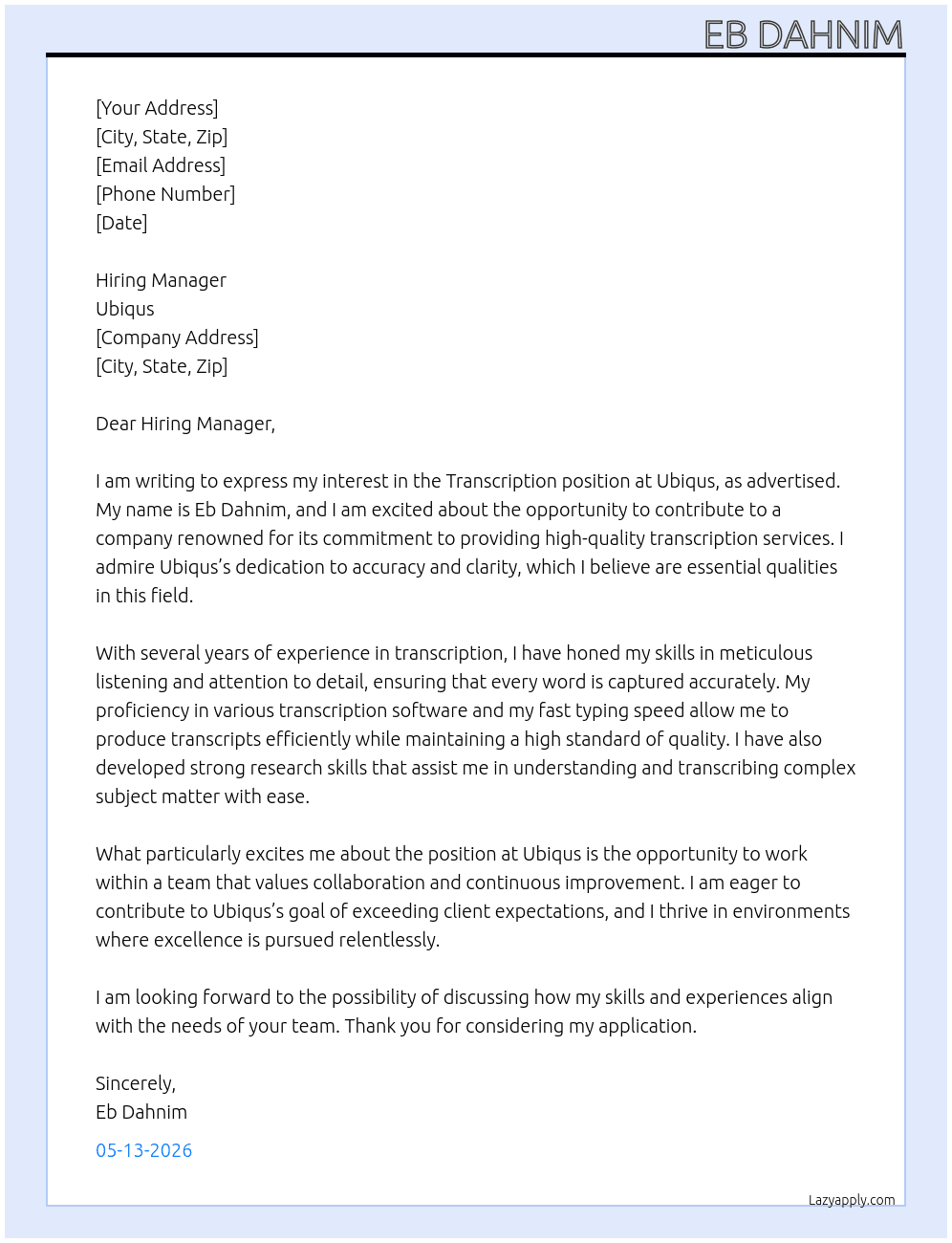 Transcription At Ubiqus Cover Letter