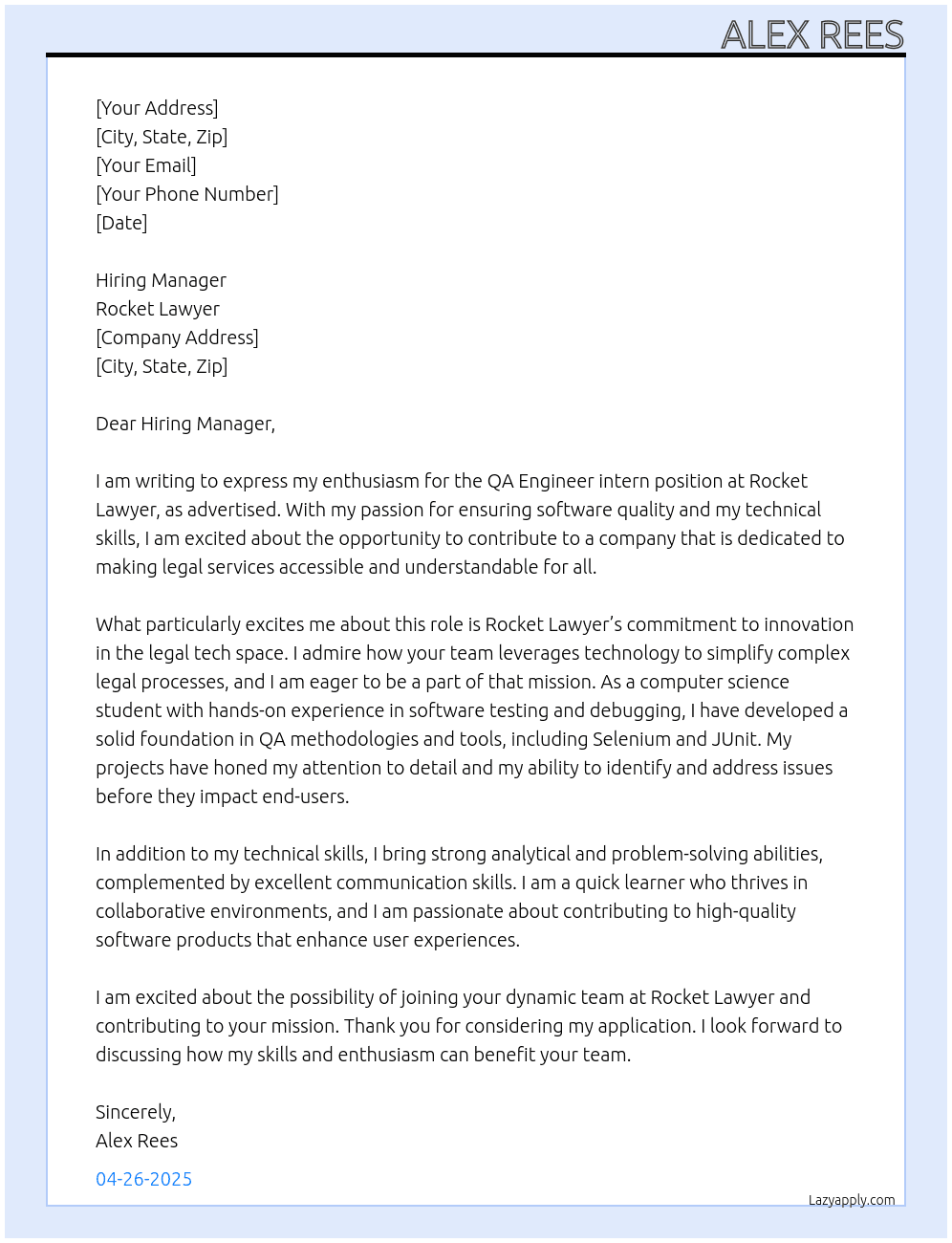 QA Engineer intern  At rocket lawyer Cover Letter