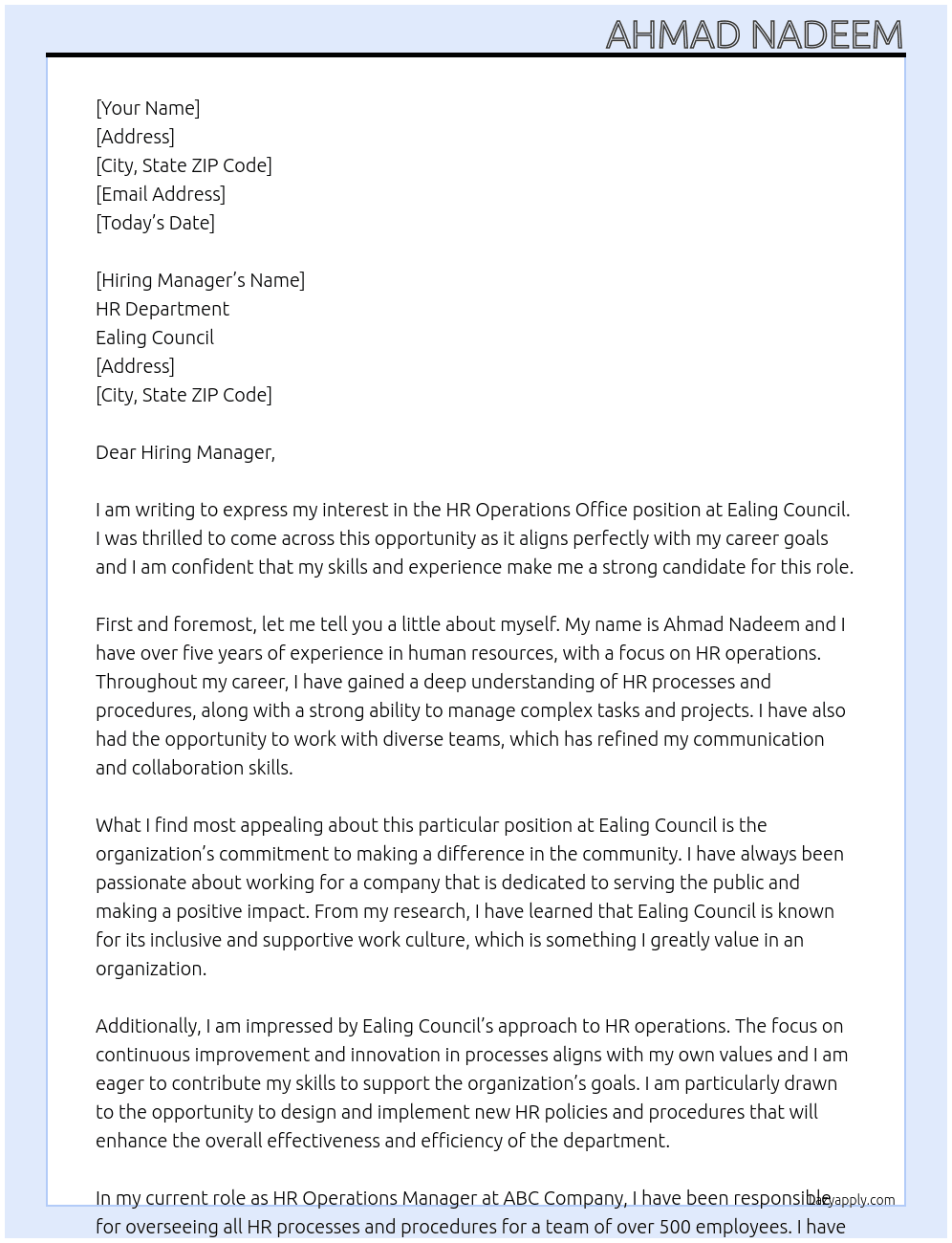 HR Operations Office At Ealing council Cover Letter