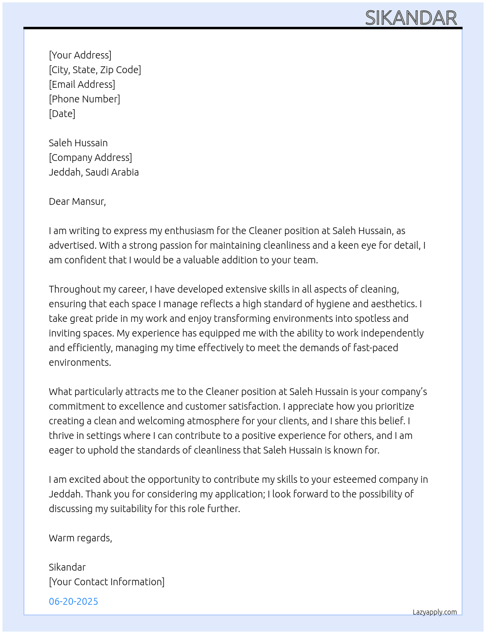 Cleaner  At Saleh Hussain  Cover Letter