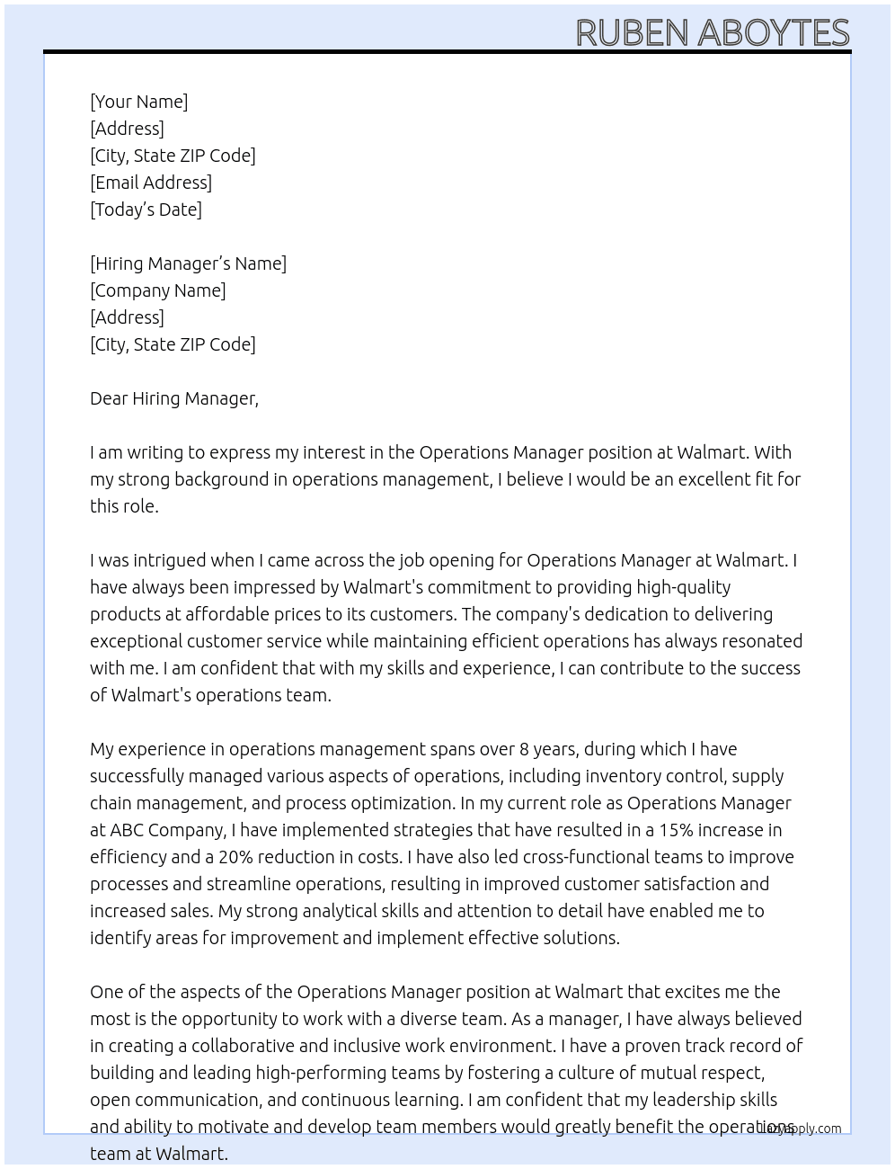 Operations Manager At Walmart Cover Letter