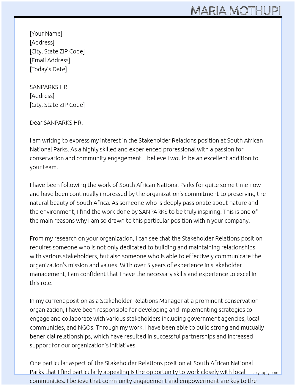 Stakeholder relations At South African National Parks Cover Letter