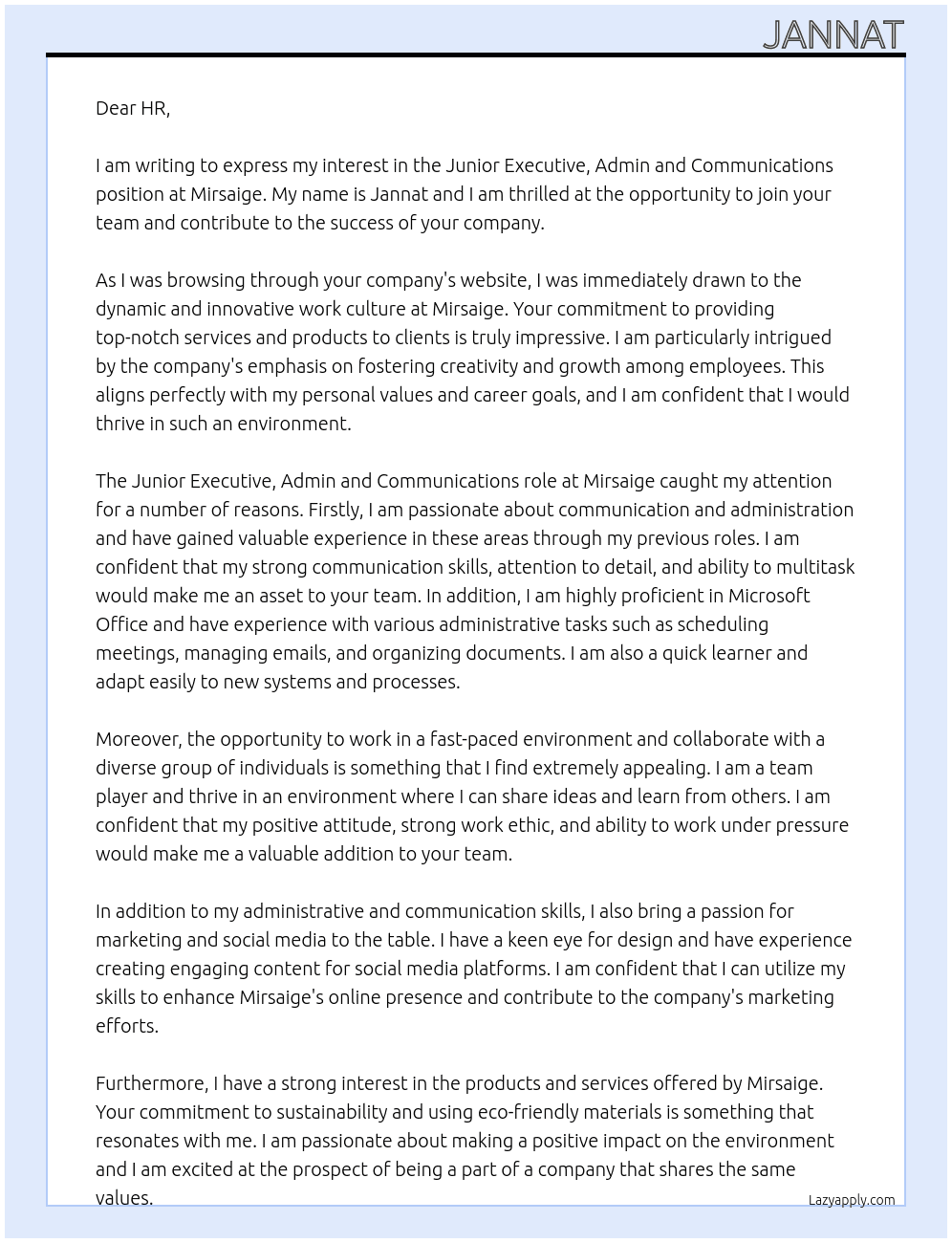 junoir  executive, admin and communications At Mirsaige Cover Letter
