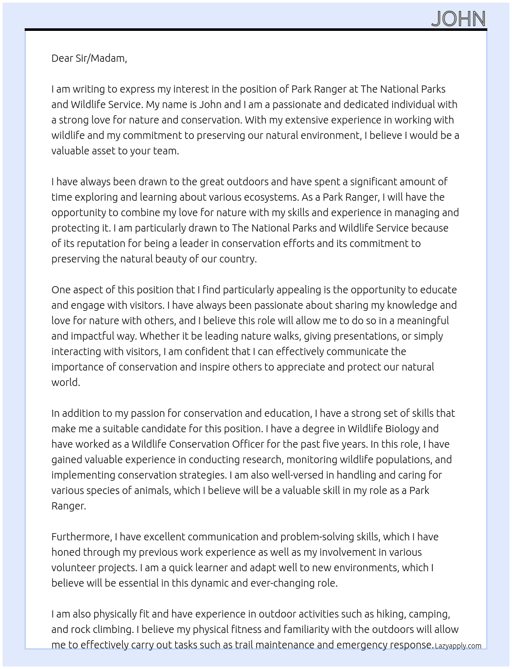 Park Ranger At The National Parks and Wildlife Service Cover Letter