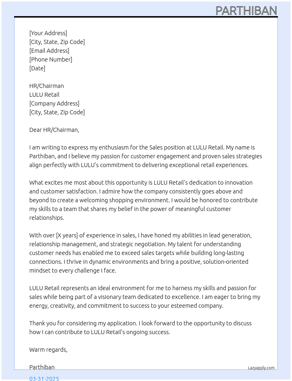 Sales At LULU retail Cover Letter