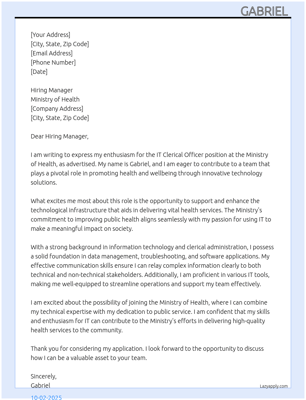 IT At Ministry of health  Cover Letter