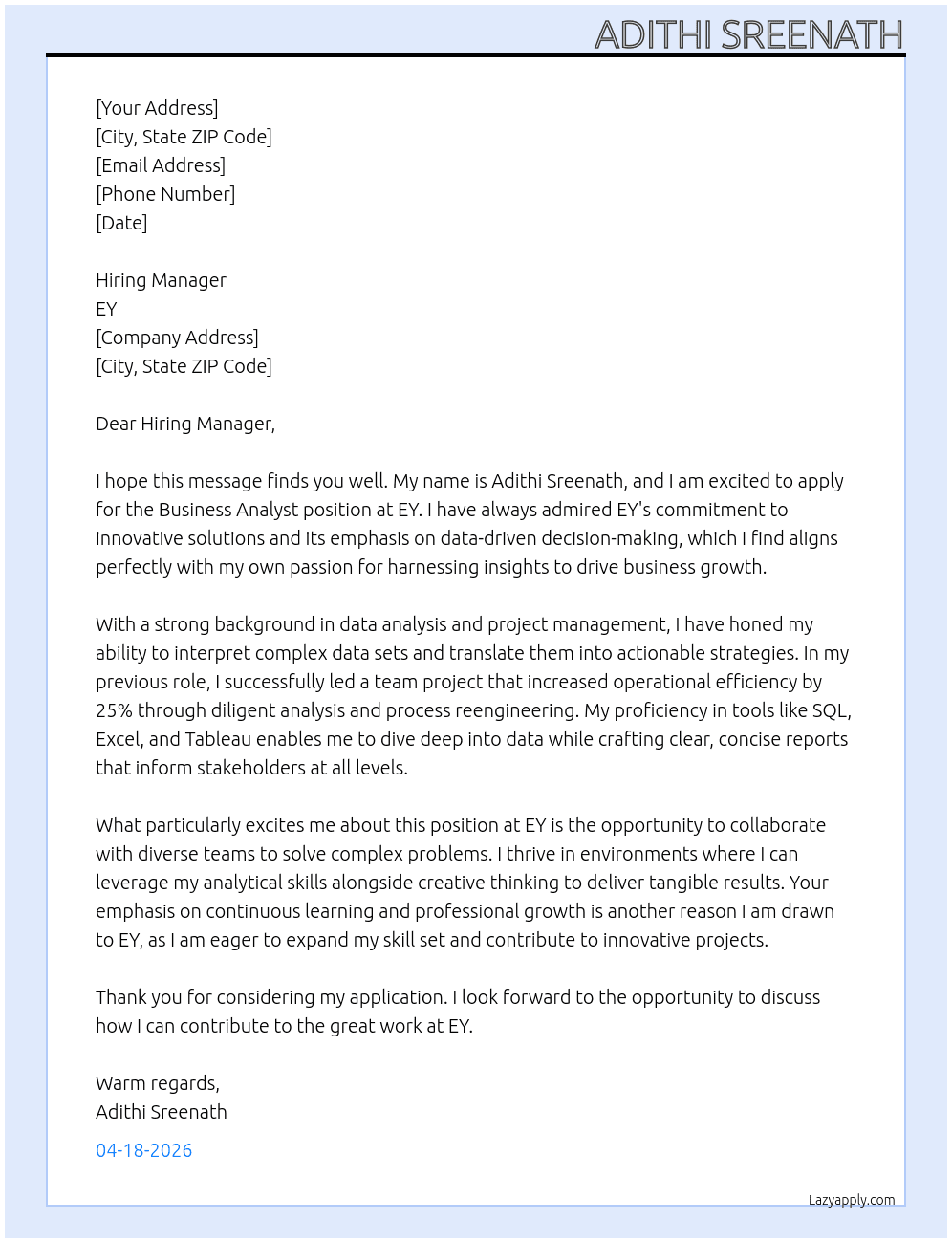 business analyst At EY Cover Letter