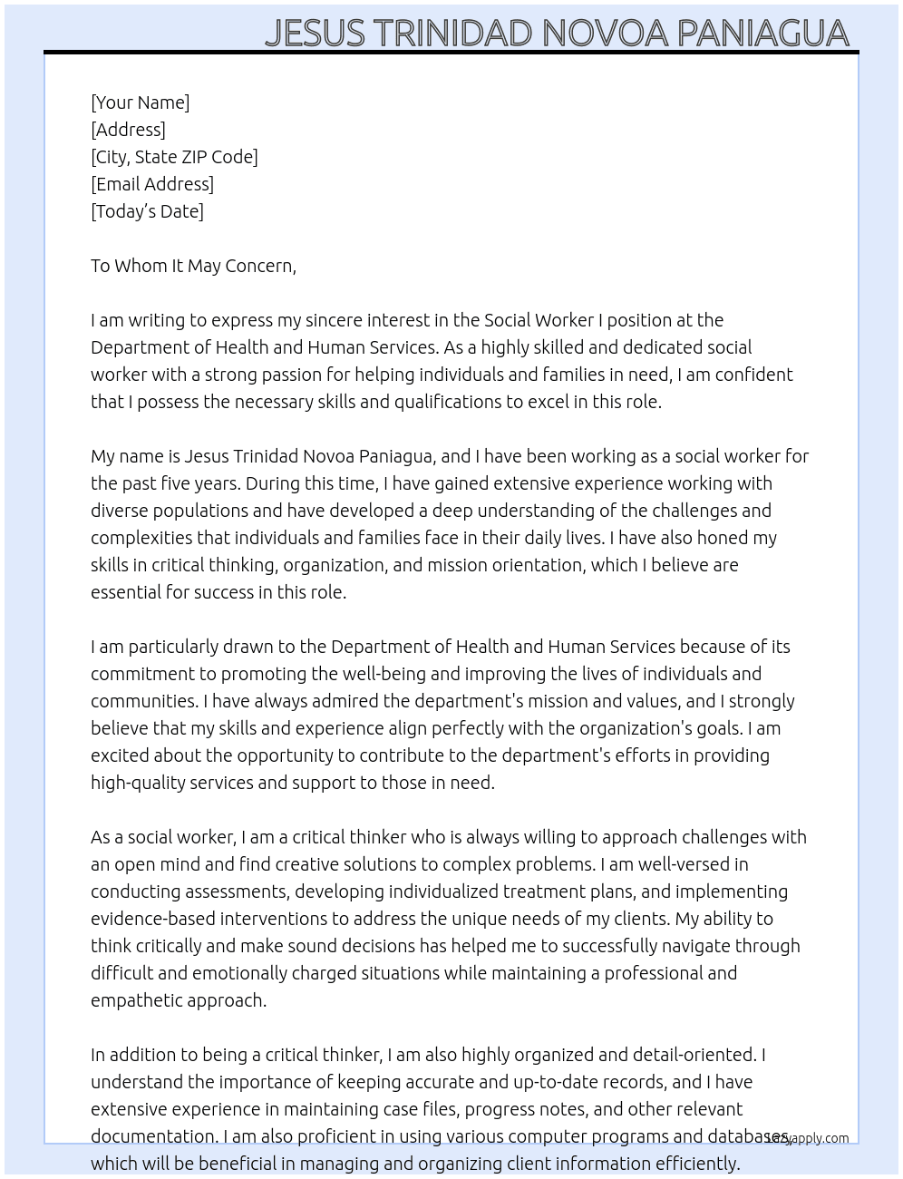 Social Worker I  At Department of Health and Human Services  Cover Letter