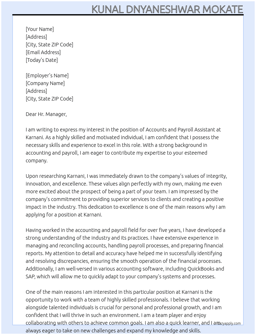 Accounts and Payroll Assistant At Karnani Cover Letter