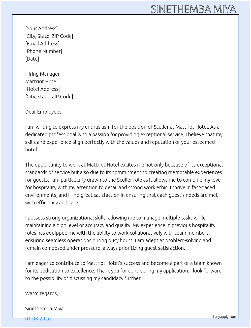 Cover letter for sculler - LazyApply