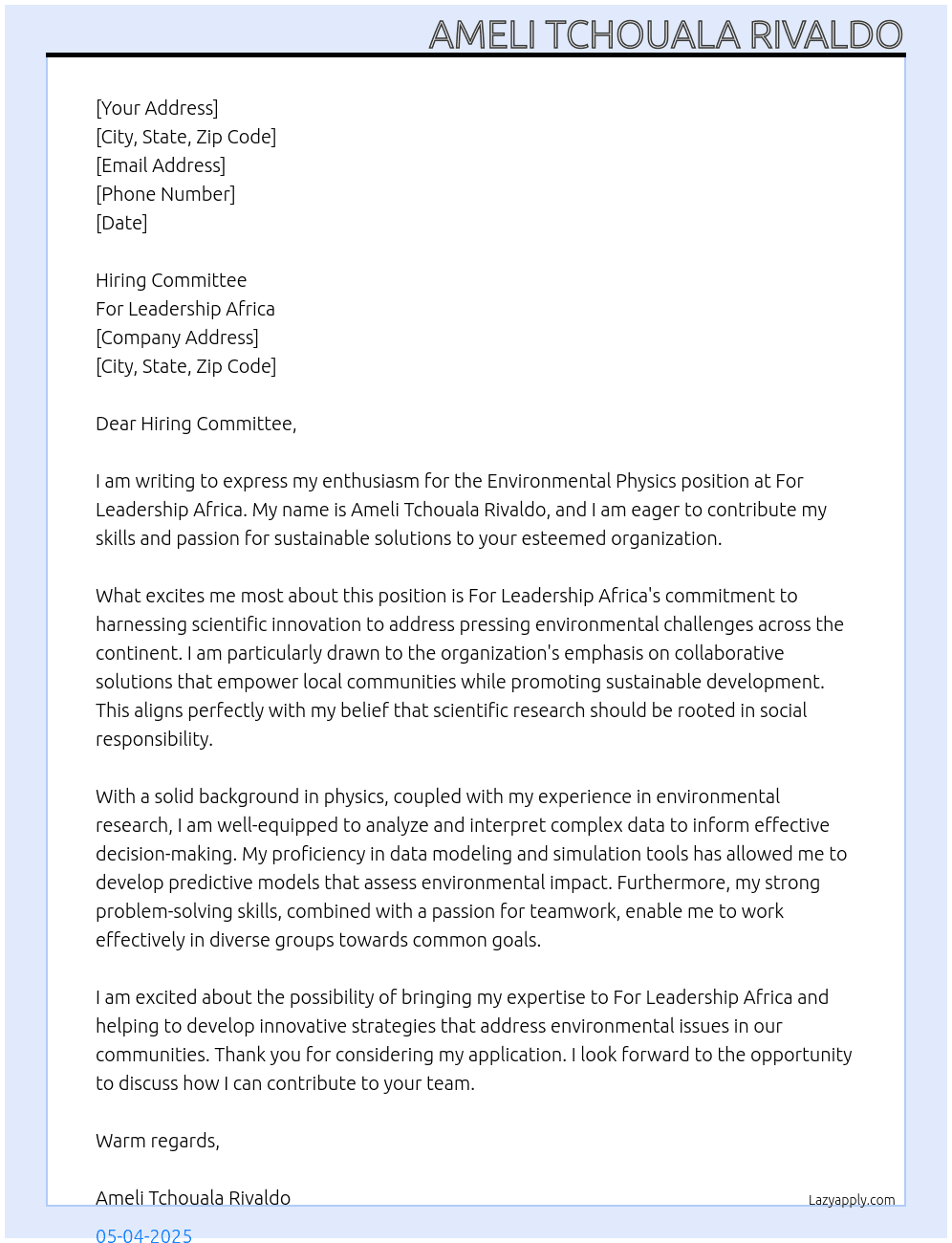 Cover letter for environnemental physics candidate - LazyApply