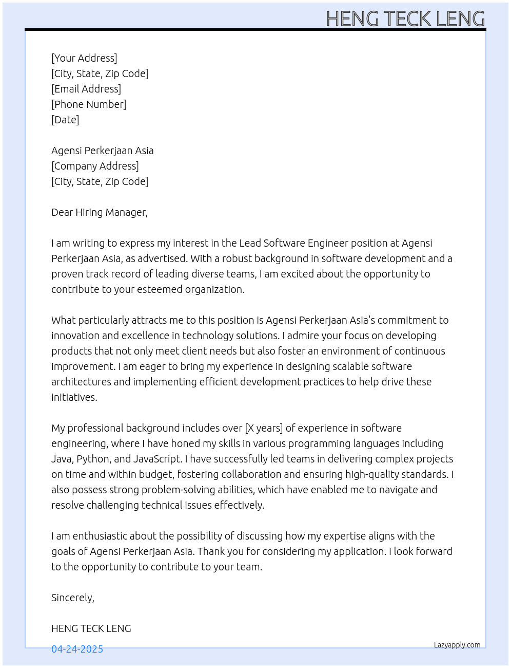 Lead software engineer  At Agensi Perkerjaan Asia  Cover Letter