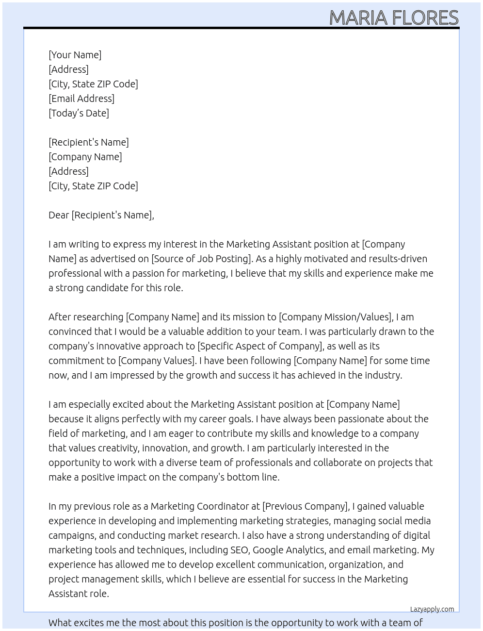 Marketing Assistant At sr Cover Letter