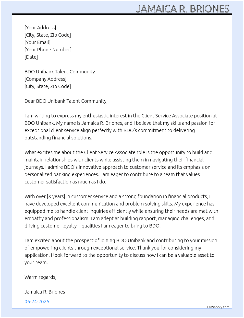 Client Service Associate  At BDO Cover Letter