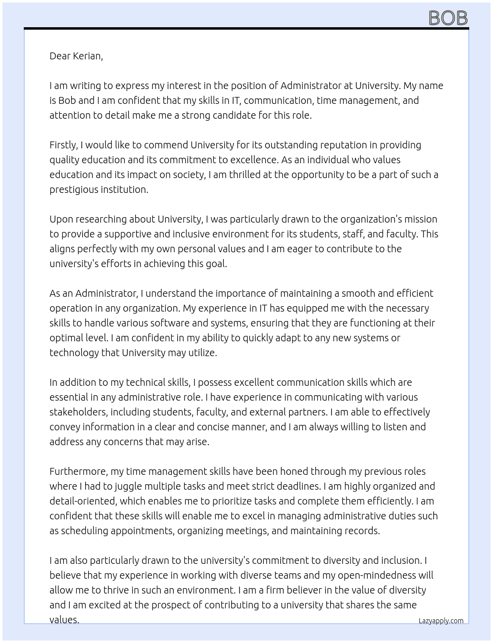Cover letter for adminastrator - LazyApply