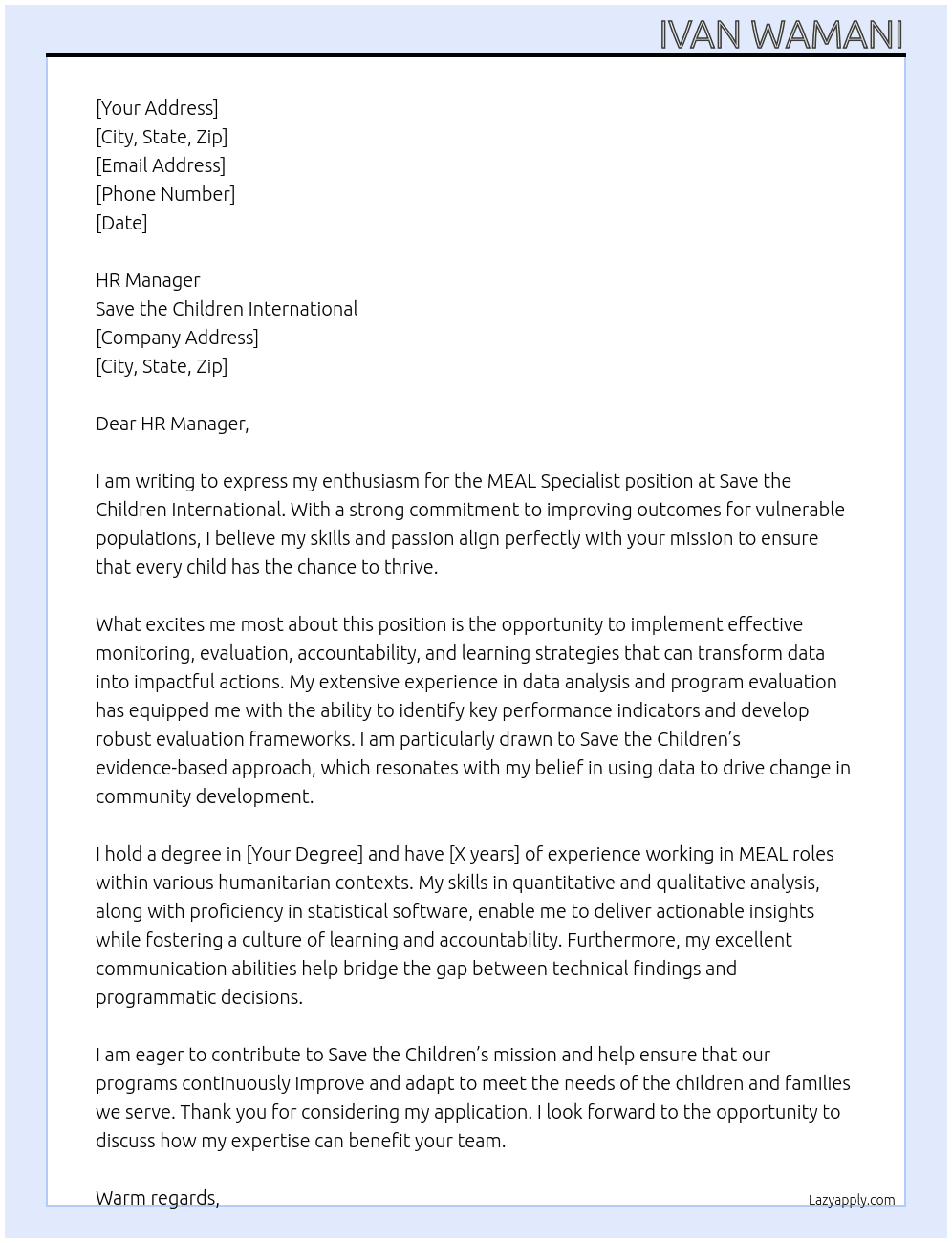 Cover letter for meal specialist - LazyApply