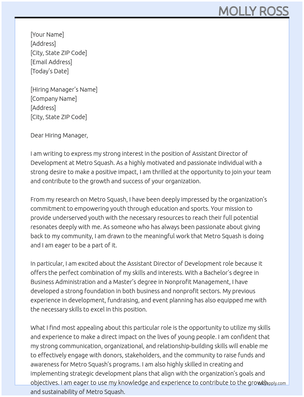 Assistant Director of Development At Metro Squash Cover Letter