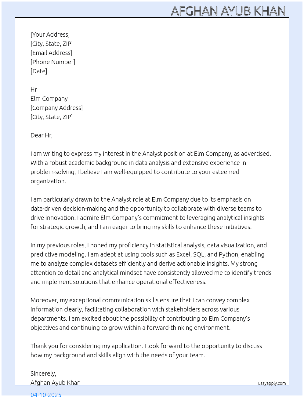 Analyst  At Elm company  Cover Letter