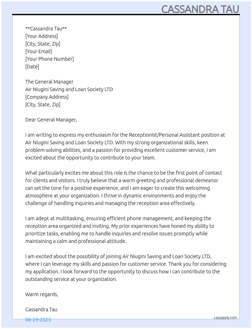 Cover letter for receptionist/personal assistant - LazyApply
