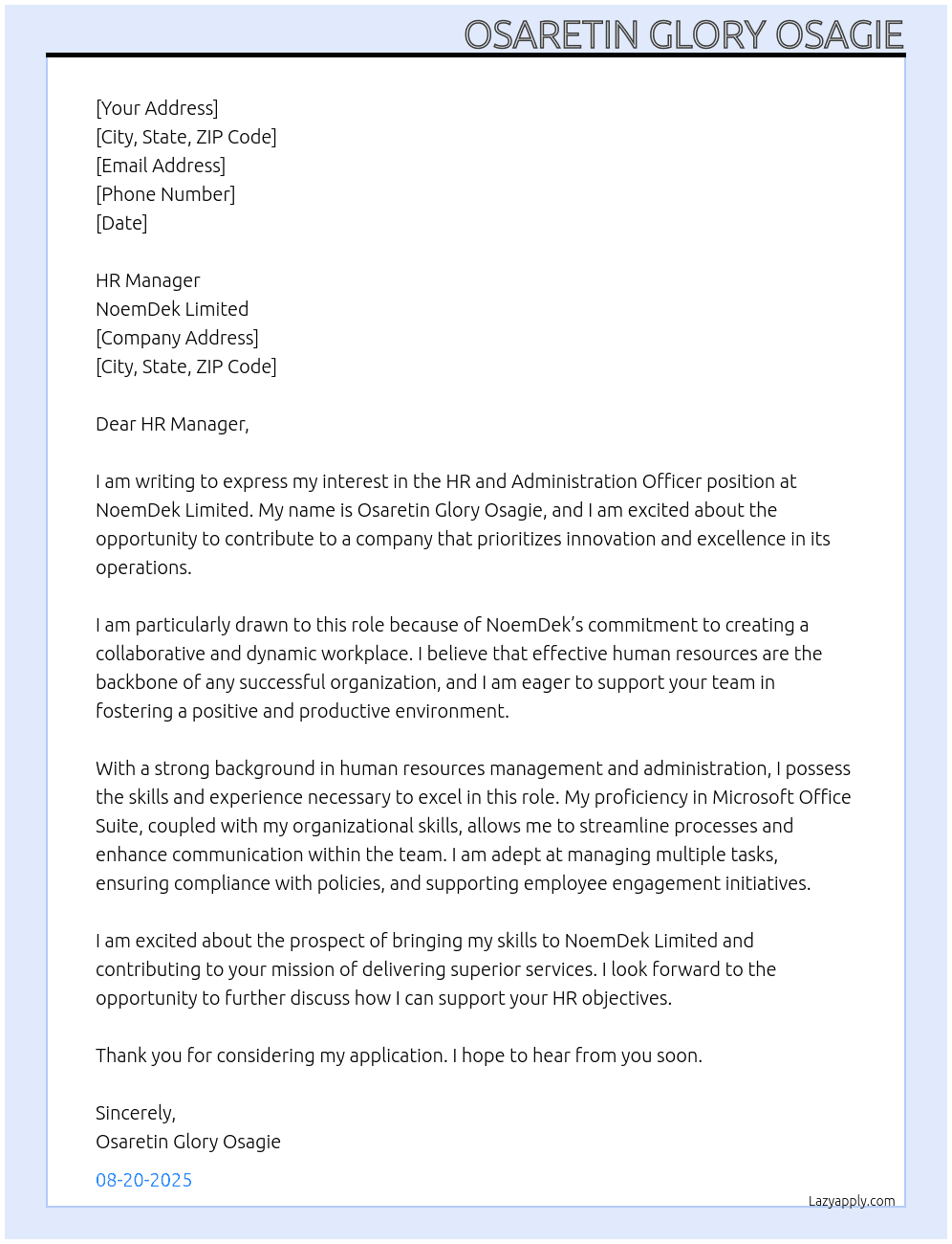 HR and Administration Officer At NoemDek Limited Cover Letter
