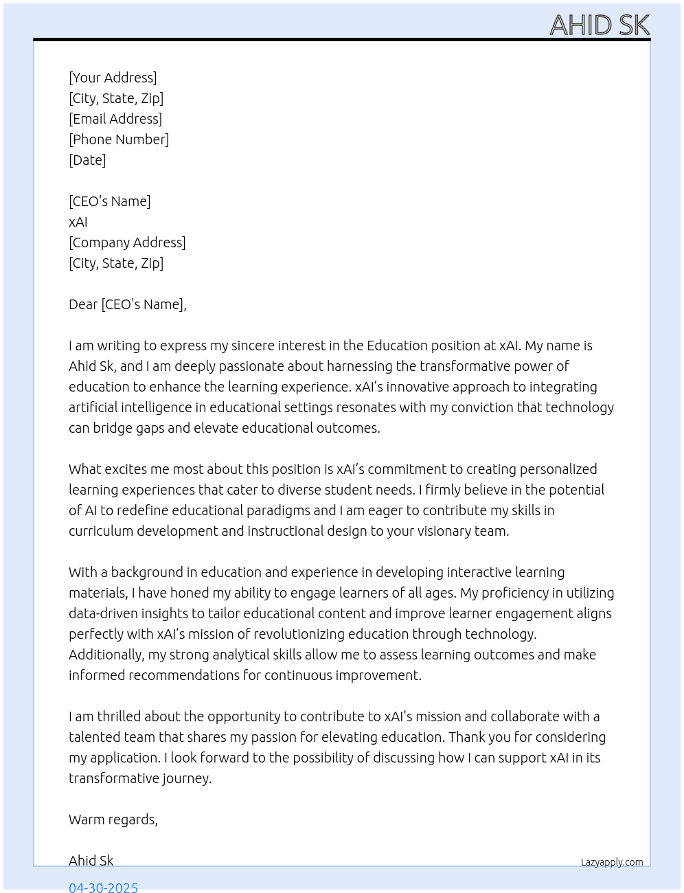 Education  At xAI Cover Letter