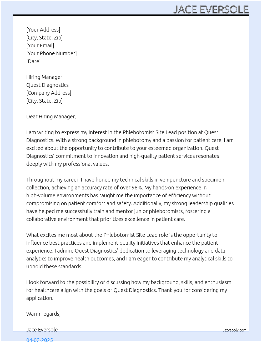 Phlebotomist Site Lead At Quest Diagnostics Cover Letter