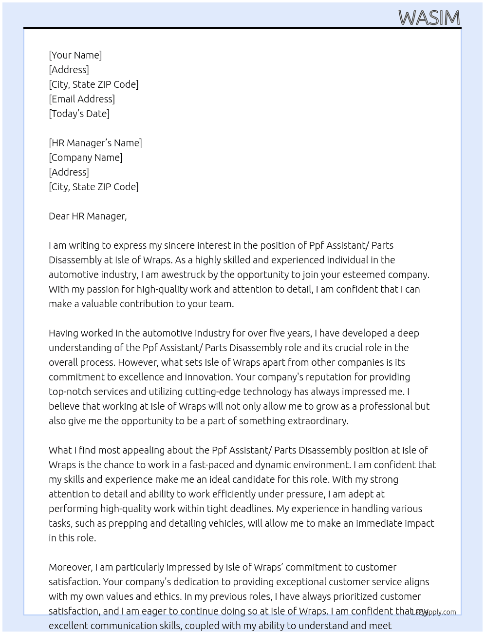 Cover letter for ppf assistant/ parts disassembly - LazyApply
