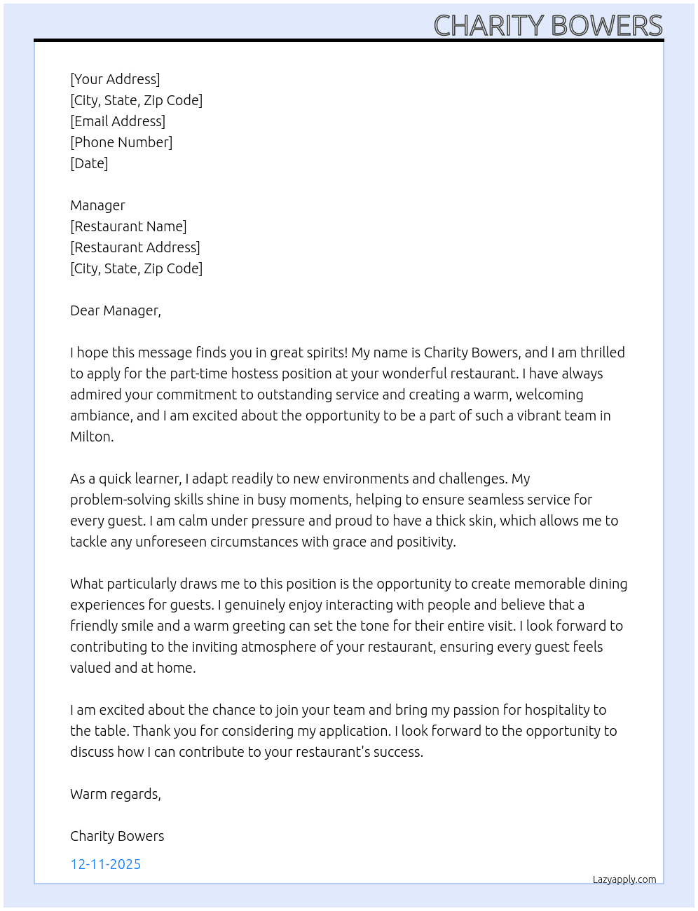 hostess At resturant Cover Letter