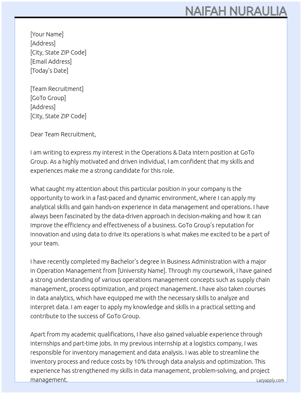 Cover letter for operations & data intern - LazyApply