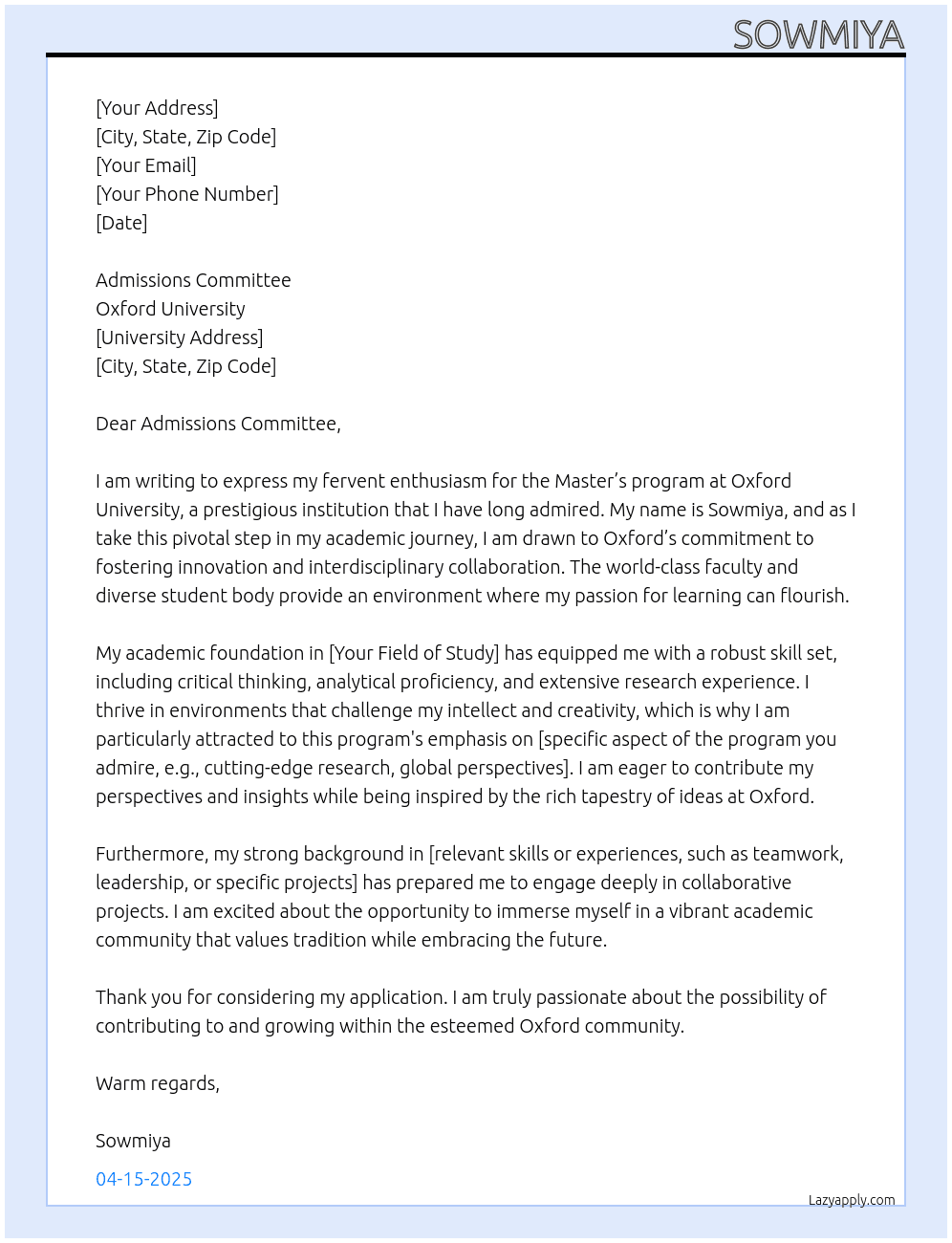 Cover letter for master's student - LazyApply