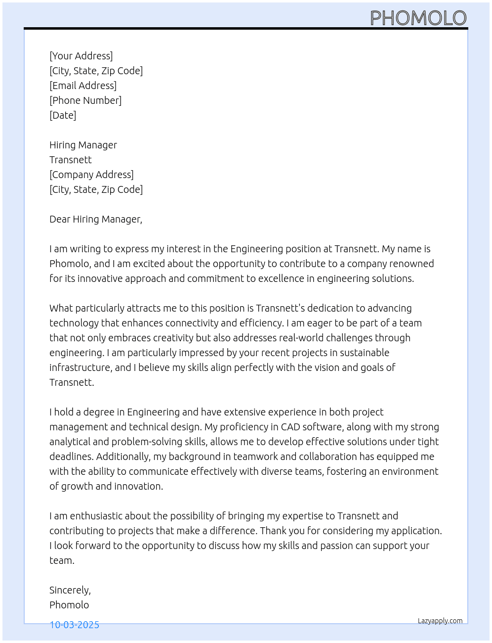 Engineering  At Transnett Cover Letter