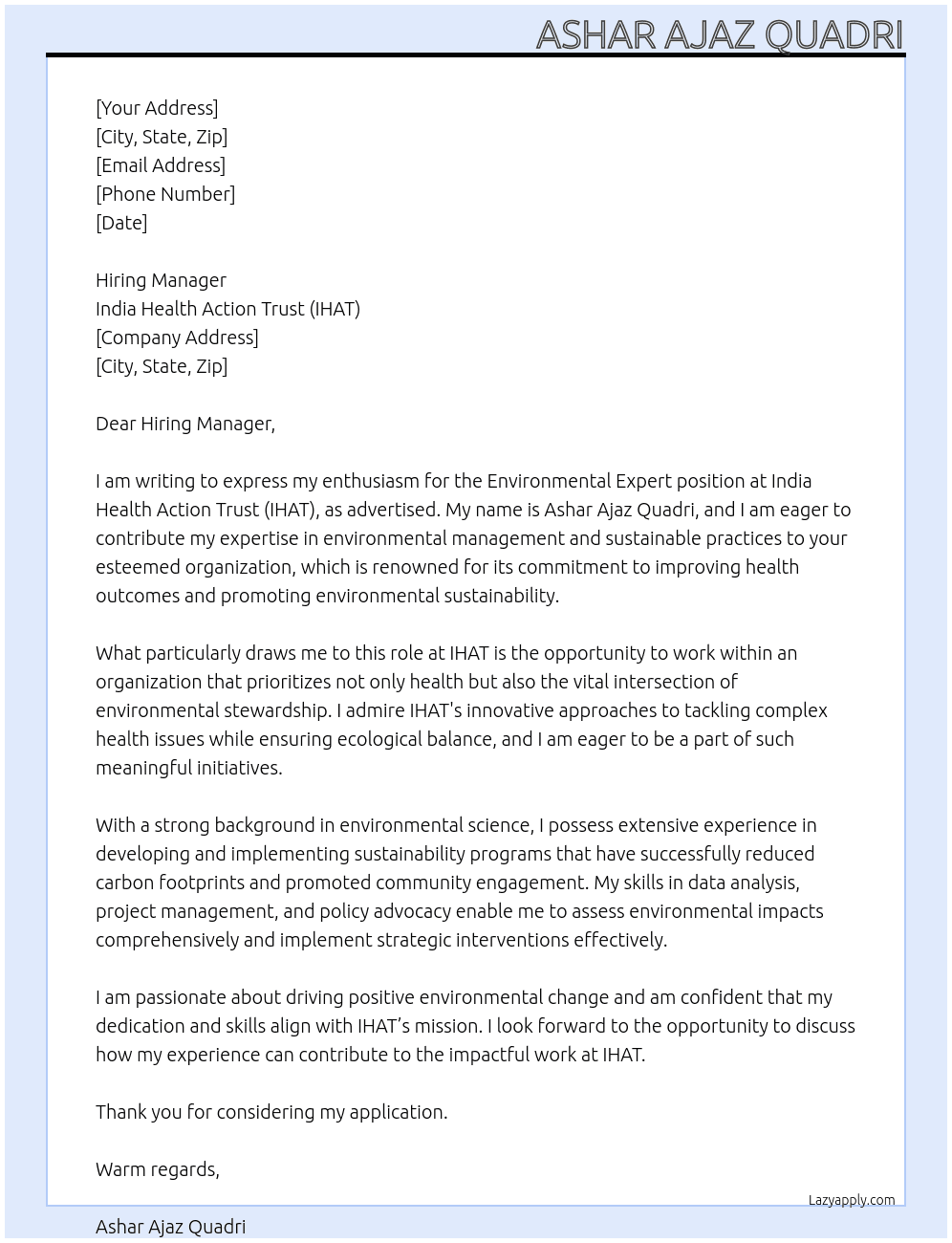 Cover letter for environmental expert - LazyApply